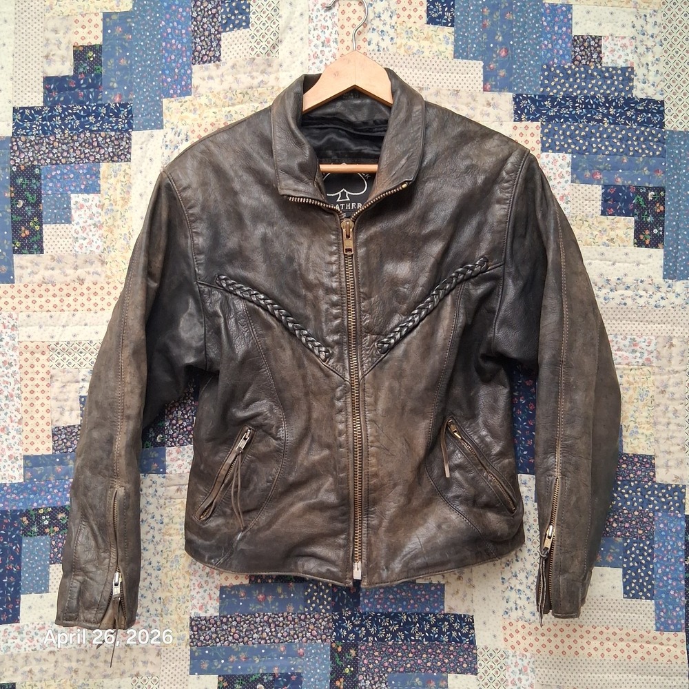 Vintage 90s Black Jack Spade Leather Motorcycle Jacket Womens Small Braided Trim